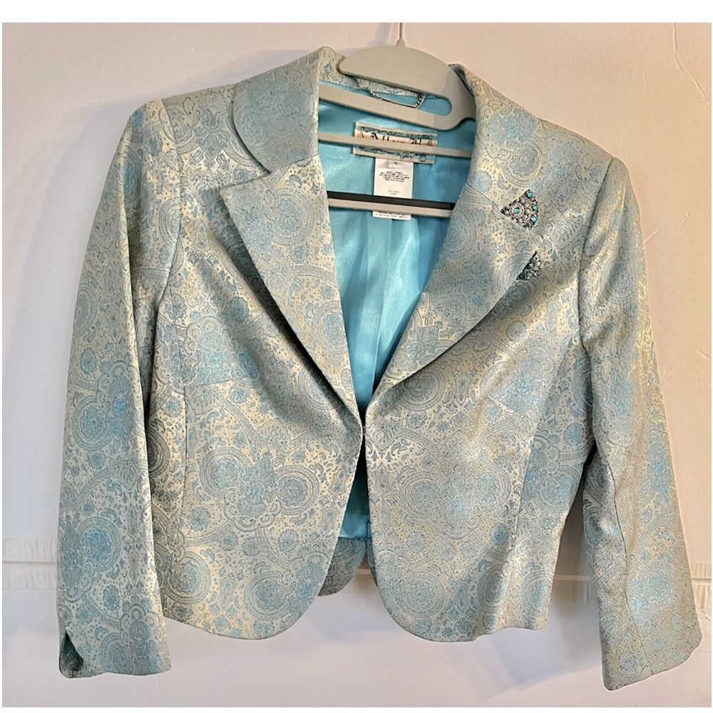 Allen B. /Allen Schwartz Womens 4 Brocade Formal Cropped Jacket Blue Silver EUC